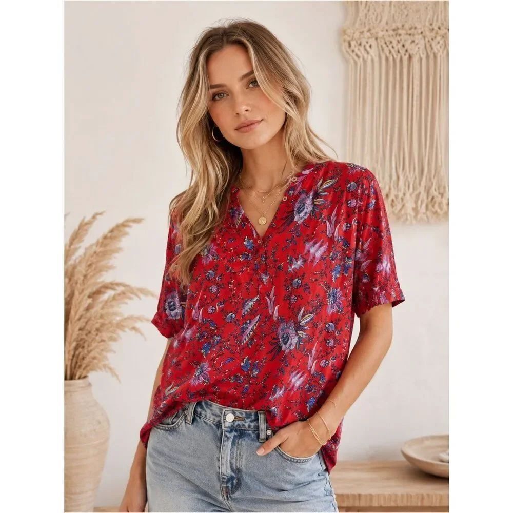 Maeve Anthropologie Red Floral Blouse